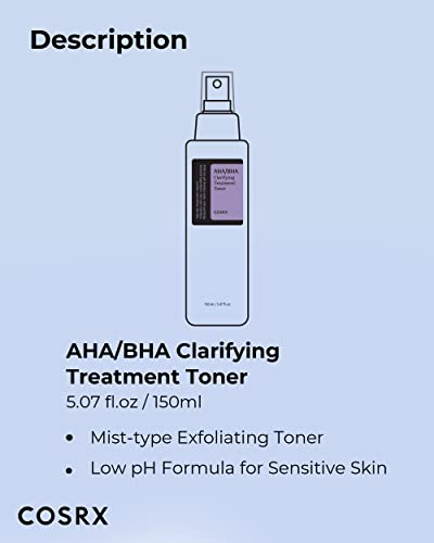 COSRX AHA/BHA Treatment Toner 5.07 fl.oz/ 150ml, Facial Exfoliating Spray for Whiteheads, Pores, & Uneven Skin, Korean Toner, Not Tested on Animals, No Parabens, No Sulfates, Korean Skincare