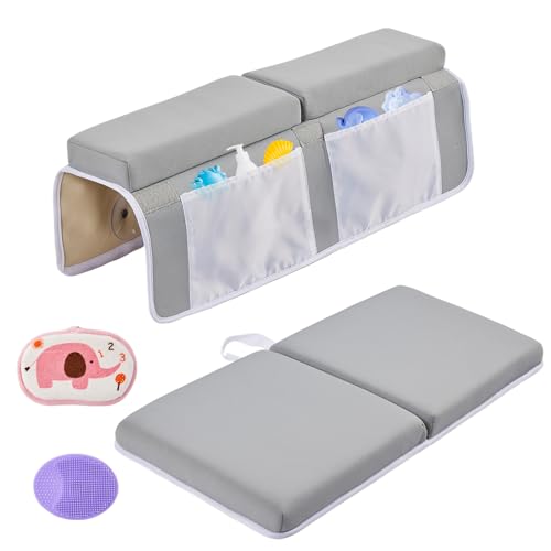 ILPEOD Baby Bath Kneeler and Elbow Rest Pad Set,Baby Bathtub Mat for Newborn Essentials Must Haves,Kneeling Pad with Soft Memory Foam and Bath Toy Organizer,Silicone Brush Bath Sponge,Grey