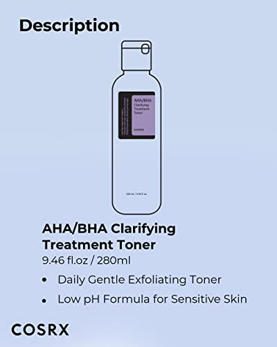 COSRX AHA/BHA Treatment Toner, Facial Exfoliating Spray for Whiteheads, Pores, and Uneven Skin, 9.47 fl.oz/ 280ml, Not Tested on Animals, No Parabens, No Sulfates, No Phthalates, Korean Skincare