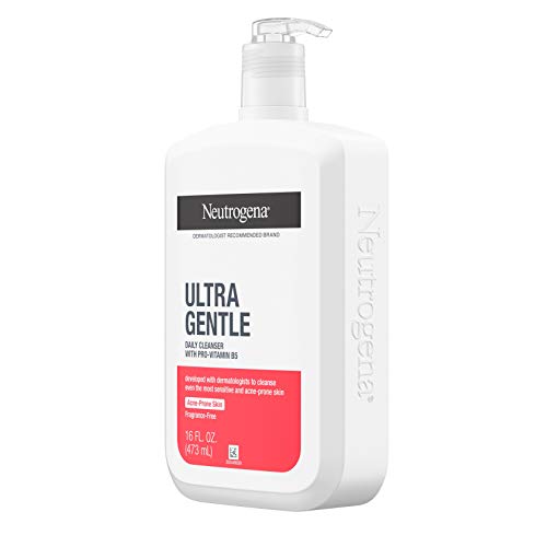 Neutrogena Ultra Gentle Daily Facial Cleanser with Pro-Vitamin B5 for Acne-Prone & Sensitive Skin, Fragrance-Free, Dye-Free, Soap-Free, Paraben-Free & Hypoallergenic Face Wash, 16 fl. oz