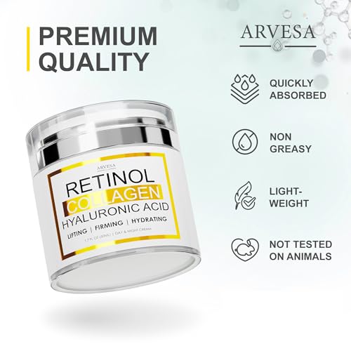 Retinol Cream for Face - Facial Moisturizer with Collagen Cream and Hyaluronic Acid - Anti Aging Face Cream - Day and Night Face Lotion for Women and Men - Hydrating Wrinkle Cream for Face