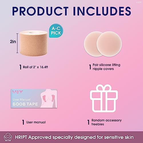 VBT Boob Tape - Breast Lift Tape, Body Tape for Breast Lift w 2 Pcs Silicone Breast Reusable Adhesive Bra, Bob Tape for Large Breasts A-G Cup, Nude