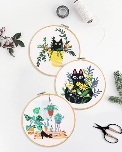 Santune 3 Pack Embroidery Kits for Adults Cross Stitch Kits for Beginners Hand Embroidery with Cat Patterns and Instructions Hobby Kits for Adults with Embroidery Hoops, Threads and Needles