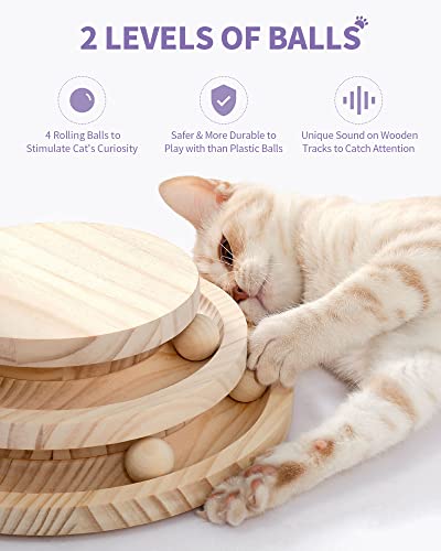 Made4Pets Cat Scratching Post Cat Scratcher Kitten Toys for Indoor Cats Wooden Ball Track Two-Layer Modern Sisal 17.7" Tall Scratch Post Interactive Toy with Dangling Ball