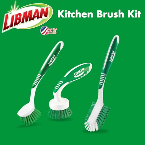 Libman Green & White Cleaning Brush Kit, 3-Piece Set, All-Purpose Brushes for Kitchen, Basins, Sinks, Dishwashers