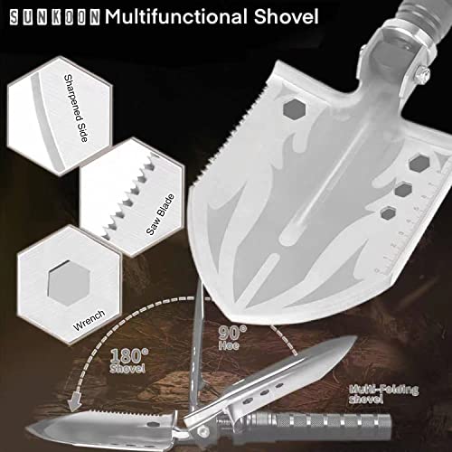 Sunkoon Survival Shovel Survival Axe, Camping Folding Shovels Hatchet with 19.2-37.8inch Lengthened Handle Enlarged Shovelhead High Carbon Steel with Storage Pouch for Camping Cycling Hiking