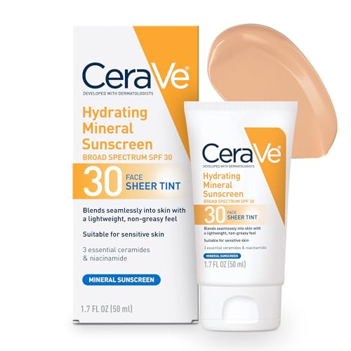 CeraVe Hydrating Mineral Sunscreen with Sheer Tint | Tinted Mineral Sunscreen with Zinc Oxide & Titanium Dioxide | Blends Seamlessly For Healthy Glow | Tinted Moisturizer with SPF 30 | 1.7 Fluid Ounce