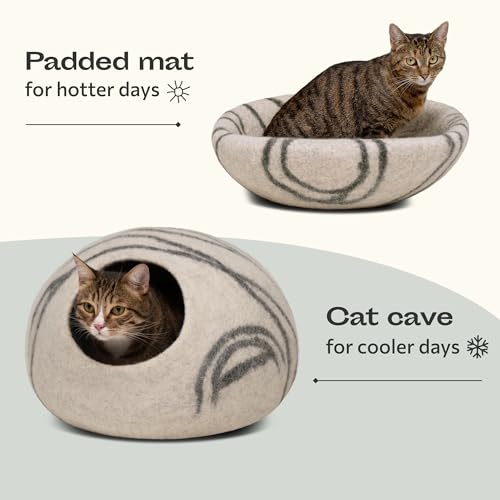 MEOWFIA Premium Felt Cat Bed Cave - Handmade 100% Merino Wool Bed for Cats and Kittens (Light Shades) (Medium, Light Grey)