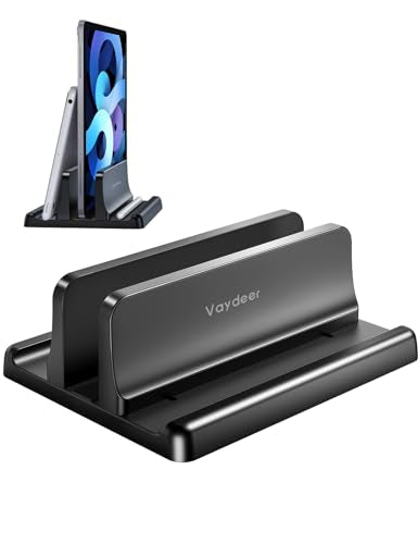 Vaydeer Vertical Laptop Stand Holder Plastic Adjustable Desktop Notebook Dock Space-Saving 3 in 1 for All MacBook Pro Air, Mac, HP, Dell, Microsoft Surface, Lenovo, up to 17.3 inches (Black)