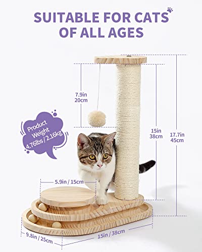 Made4Pets Cat Scratching Post Cat Scratcher Kitten Toys for Indoor Cats Wooden Ball Track Two-Layer Modern Sisal 17.7" Tall Scratch Post Interactive Toy with Dangling Ball