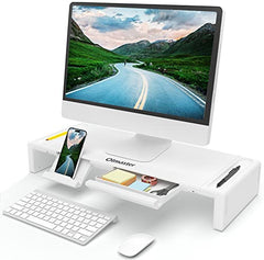 OImaster Monitor Stand Riser, Foldable Computer Monitor Riser, Adjustable Length Computer Stand and Storage Drawer & Pen Slot, Phone Stand Compatible Computer, Desktop, Laptop, Save Space (White)