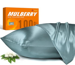 100% Mulberry Silk Pillowcase for Hair and Skin, 22 Momme Natural Silk Pillow Case with Zipper, Both Sided Pure Silk Pillow Cover Gifts for Women Mom Men (Airy Blue, Standard 20''×26'')