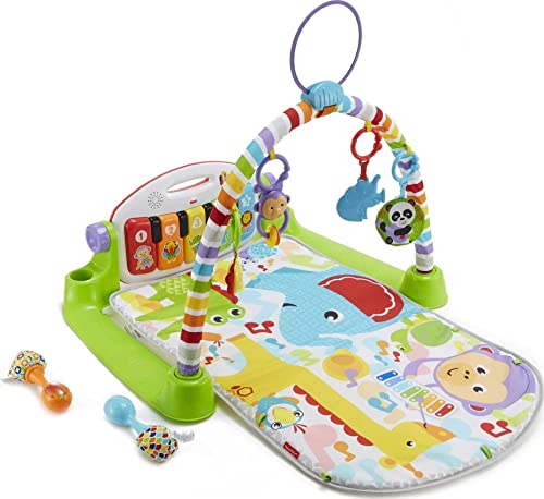 Fisher-Price Baby Playmat Deluxe Kick & Play Piano Gym & Maracas with Smart Stages Learning Content, 5 Linkable Toys & 2 Soft Rattles