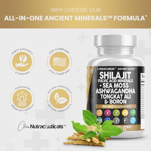 Clean Nutraceuticals Shilajit Supplement 10,000mg with Sea Moss 6000mg, Ashwagandha 6000mg, Tongkat Ali, Boron, Magnesium - Fulvic Acid Capsules for Men - 90 Count