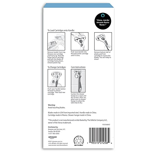 Amazon Basics 5-Blade Razor for Women, Handle, 12 Cartridges & Shower Hanger, Fit Handles only, 14 Piece Set, Blue