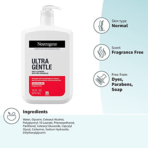 Neutrogena Ultra Gentle Daily Facial Cleanser with Pro-Vitamin B5 for Acne-Prone & Sensitive Skin, Fragrance-Free, Dye-Free, Soap-Free, Paraben-Free & Hypoallergenic Face Wash, 16 fl. oz