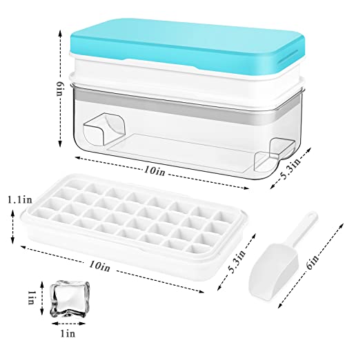 ZZWILLB Ice Cube Tray, Ice Tray with Lid and Bin and Ice Scoop, Ice Cube Pop Out Tray, Ice Cube Trays for Freezer, Ice Cube Molds, BPA Free, Easy Release Stackble Spill-Resistant (Blue)
