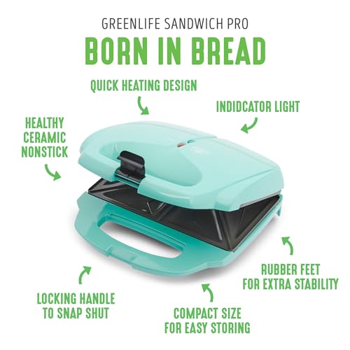 GreenLife Pro Electric Panini Press Grill and Sandwich Maker, Healthy Ceramic Nonstick Plates,Easy Indicator Light, PFAS-Free, Turquoise