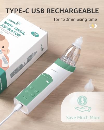 GROWNSY Nasal Aspirator for Baby, Electric Nose Aspirator for Toddler, Baby Nose Sucker, Automatic Nose Cleaner with 3 Silicone Tips, Adjustable Suctions, Music and Light Soothing Function (Green)