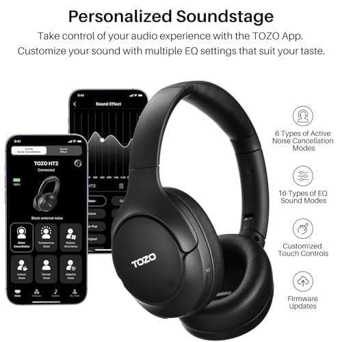 TOZO HT2 Hybrid Active Noise Cancelling Headphones, Wireless Over Ear Bluetooth Headphones, 60H Playtime, Hi-Res Audio Custom EQ via App Deep Bass Comfort Fit Ear Cups, for Home Office Travel