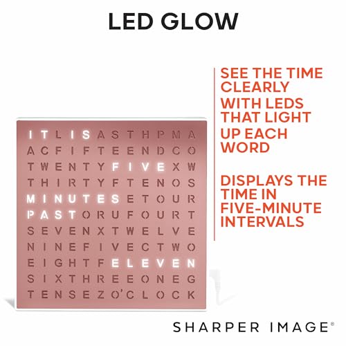 Sharper Image® LED Light-Up Word Clock [Amazon Exclusive] 7.75" Modern Design, Electronic Accent Wall & Desk Clock, USB Power Cord, Contemporary Home & Office Decor, Easy Setup, Housewarming Gift