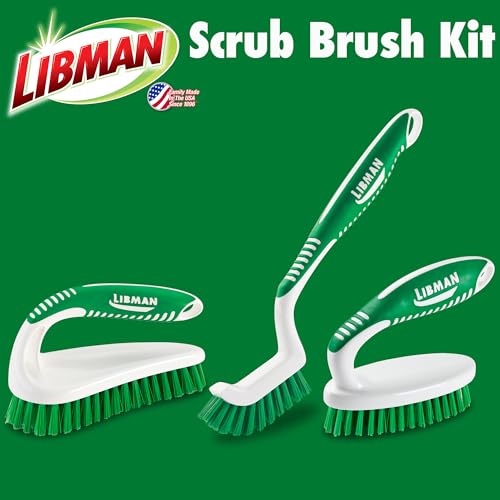 Libman Scrub Brush Kit – Three Different Durable Brushes for Grout, Tile, Bathroom, Kitchen. Easy to Handle, Strong Fibers for Tough Messes – Family Made in the USA, Unisex Lot 2406