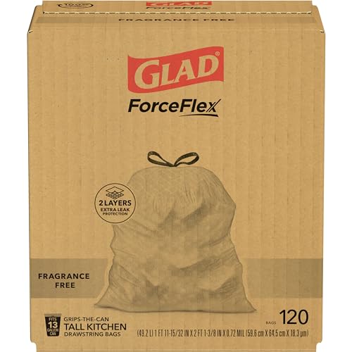 Glad Trash Bags, ForceFlex Tall Kitchen Drawstring Garbage Bags, 13 Gallon, Unscented, 120 Count.