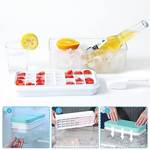 ZZWILLB Ice Cube Tray, Ice Tray with Lid and Bin and Ice Scoop, Ice Cube Pop Out Tray, Ice Cube Trays for Freezer, Ice Cube Molds, BPA Free, Easy Release Stackble Spill-Resistant (Blue)