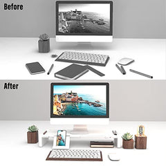 OImaster Monitor Stand Riser, Foldable Computer Monitor Riser, Adjustable Length Computer Stand and Storage Drawer & Pen Slot, Phone Stand Compatible Computer, Desktop, Laptop, Save Space (White)