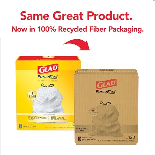 Glad Trash Bags, ForceFlex Tall Kitchen Drawstring Garbage Bags, 13 Gallon, Unscented, 120 Count.