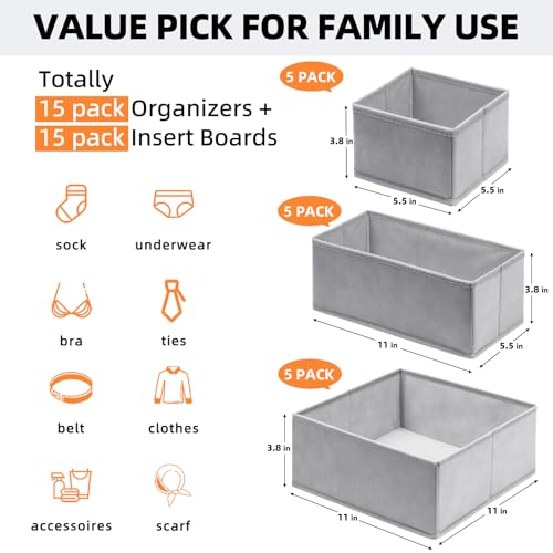 15 Pack Drawer Organizers for Clothing, Foldable Fabric Closet Organizers and Storage Bins for Baby Clothes, Dresser Drawer Dividers for Adult Sock Underwear, Bra, Scarves, Belt, Tie (Grey)