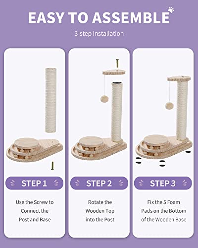 Made4Pets Cat Scratching Post Cat Scratcher Kitten Toys for Indoor Cats Wooden Ball Track Two-Layer Modern Sisal 17.7" Tall Scratch Post Interactive Toy with Dangling Ball