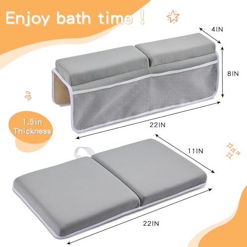 ILPEOD Baby Bath Kneeler and Elbow Rest Pad Set,Baby Bathtub Mat for Newborn Essentials Must Haves,Kneeling Pad with Soft Memory Foam and Bath Toy Organizer,Silicone Brush Bath Sponge,Grey