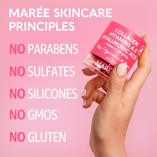 MAREE Lip Mask with Hyaluronic Acid & Coconut Oil - Overnight Collagen Lip Butter to Nourish & Hydrate Dry Cracked Lips - Moisturizer for Skin Care with Shea & Cocoa Butter - Sleeping Lip Butter Balm