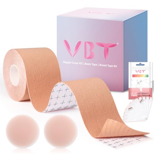 VBT Boob Tape - Breast Lift Tape, Body Tape for Breast Lift w 2 Pcs Silicone Breast Reusable Adhesive Bra, Bob Tape for Large Breasts A-G Cup, Nude