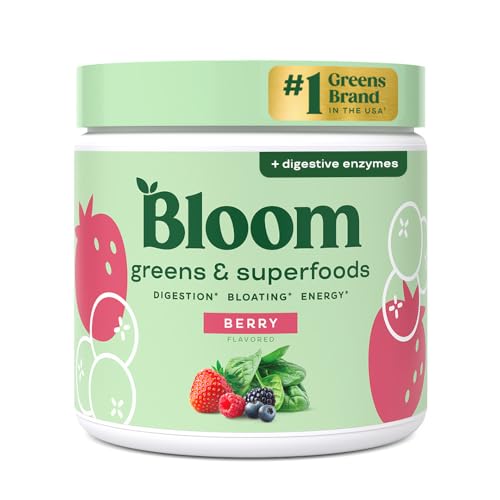 Bloom Nutrition Greens and Superfoods Powder for Digestive Health, Greens Powder with Digestive Enzymes, Probiotics, Spirulina, Chlorella for Bloating and Gut Support, Amazon Exclusive, 30 SVG, Berry