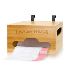 Icyhit Trash Bag Dispenser Trash Bag Holder, Wall Mounted, Bamboo Trash Bag Holder Organizer, Kitchen Grocery Bag Storage, Standard Plastic Bag Roll Organizer with Handle for Under Sink Cabinet