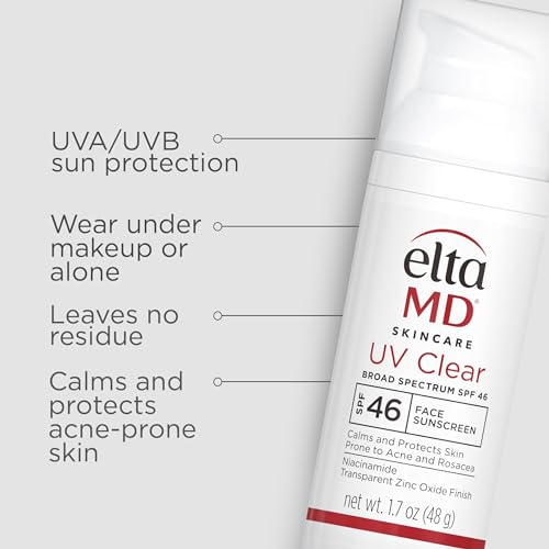 EltaMD UV Clear Face Sunscreen, SPF 46 Oil Free Sunscreen with Zinc Oxide, Protects and Calms Sensitive Skin and Acne-Prone Skin, Lightweight, Silky, Dermatologist Recommended, 1.7 oz Pump