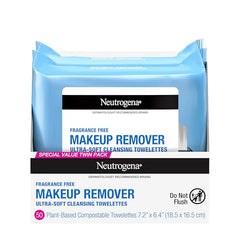 Neutrogena Cleansing Fragrance Free Makeup Remover Face Wipes, Cleansing Facial Towelettes for Waterproof Makeup, Alcohol-Free, Unscented, 100% Plant-Based Fibers, Twin Pack, 2 x 25 ct