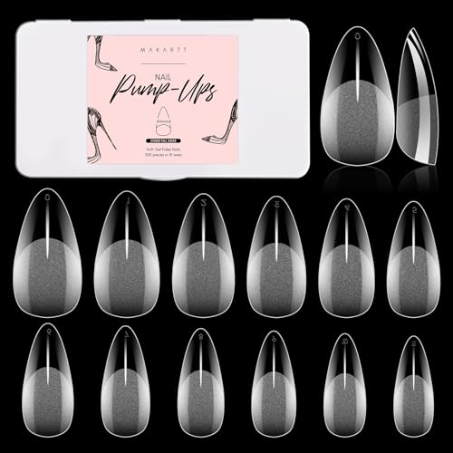 Makartt Almond Nail Tips 500pcs Medium Pre-buffed Full Cover Clear Press on Nails 10 Sizes Soak Off Soft Gel Nail Tips Extension Professional Acrylic Fake Nails No Crease False Nail Salon DIY Nail Art