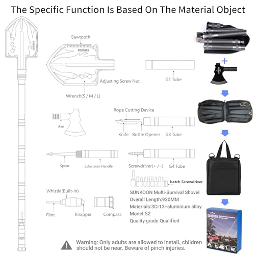 Sunkoon Survival Shovel Survival Axe, Camping Folding Shovels Hatchet with 19.2-37.8inch Lengthened Handle Enlarged Shovelhead High Carbon Steel with Storage Pouch for Camping Cycling Hiking