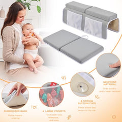 ILPEOD Baby Bath Kneeler and Elbow Rest Pad Set,Baby Bathtub Mat for Newborn Essentials Must Haves,Kneeling Pad with Soft Memory Foam and Bath Toy Organizer,Silicone Brush Bath Sponge,Grey