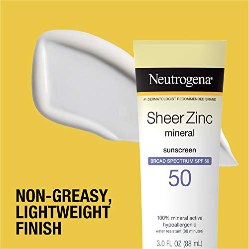 Neutrogena Sheer Zinc Oxide Dry-Touch Mineral Sunscreen Lotion, Broad Spectrum SPF 50 UVA/UVB Protection, Water-Resistant, Hypoallergenic and Non-Greasy, Paraben-Free, 3 fl. oz, Pack of 3