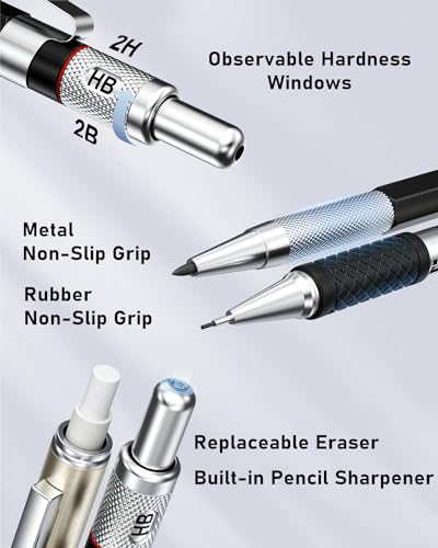 FourCandies 25PCS Art Mechanical Pencil Set with Case, 3PCS Metal Artist Lead Pencil 0.5, 0.7, 0.9 mm & 3PCS 2mm Lead Holder(HB 2H 2B 4B Color) with 432PCS Graphite Lead Refills for Drawing Sketching