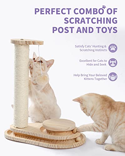 Made4Pets Cat Scratching Post Cat Scratcher Kitten Toys for Indoor Cats Wooden Ball Track Two-Layer Modern Sisal 17.7" Tall Scratch Post Interactive Toy with Dangling Ball