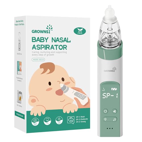 GROWNSY Nasal Aspirator for Baby, Electric Nose Aspirator for Toddler, Baby Nose Sucker, Automatic Nose Cleaner with 3 Silicone Tips, Adjustable Suctions, Music and Light Soothing Function (Green)