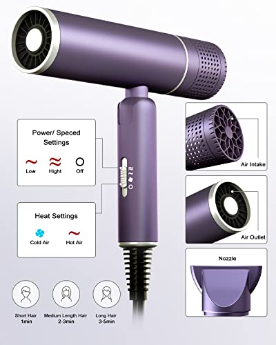 7MAGIC Foldable Hair Dryer, Powerful Ionic Blow Dryer for Fast Drying, Travel Hair Blow Dryer with Storage Bag, Lightweight Portable Hairdryer for Women, Cold/2 Heating/2 Speed Settings, Purple