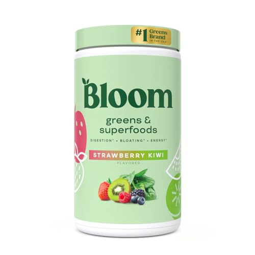 Bloom Nutrition Greens and Superfoods Powder for Digestive Health, Greens Powder, Digestive Enzymes, Probiotics, Spirulina, Chlorella for Bloating & Gut Support, Green Juice, 60 SVG, Strawberry Kiwi