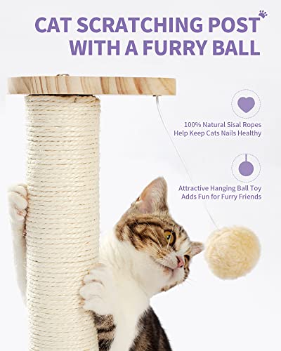 Made4Pets Cat Scratching Post Cat Scratcher Kitten Toys for Indoor Cats Wooden Ball Track Two-Layer Modern Sisal 17.7" Tall Scratch Post Interactive Toy with Dangling Ball