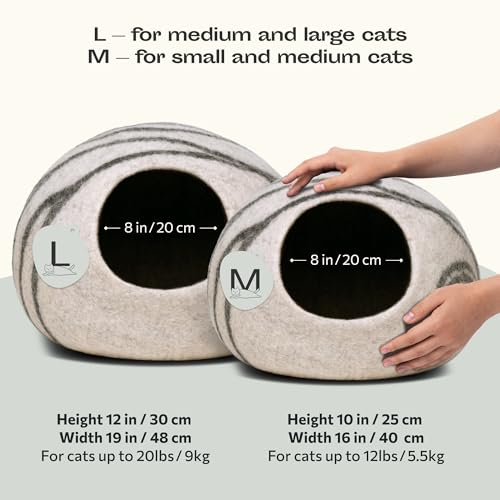 MEOWFIA Premium Felt Cat Bed Cave - Handmade 100% Merino Wool Bed for Cats and Kittens (Light Shades) (Medium, Light Grey)